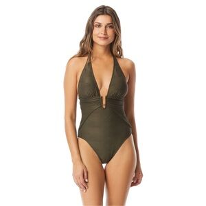 Vince Camuto Plunging Texture One Piece Swimsuit Womens 14 Pacific Wave Green